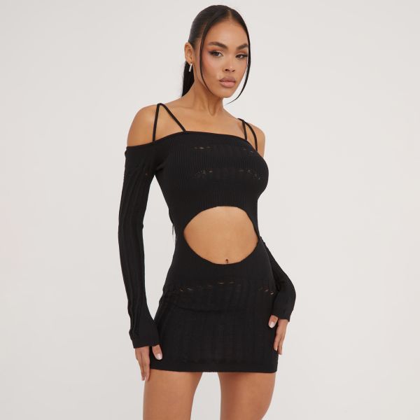 Strappy Bardot Distressed Detail Cut Out Front Mini Bodycon Dress In Black Knit, Women’s Size UK 14