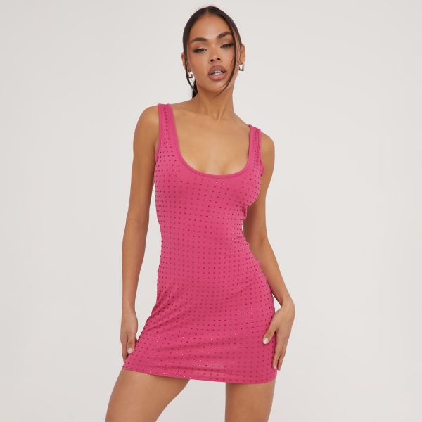 Scoop Neck Diamante Detail Mini Bodycon Dress In Pink Slinky, Women’s Size UK 6