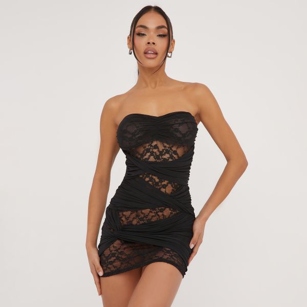 Bandeau Slinky Knot Detail Mini Dress In Black Lace, Women’s Size UK 12