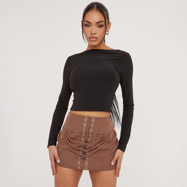 High Waist Strappy Detail Mini Skirt In Mocha Brown, Women’s Size UK 10