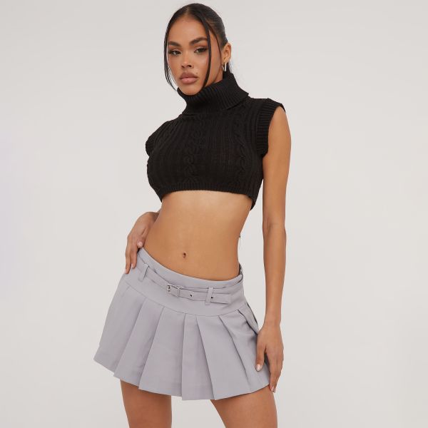 Low Rise Belt Detail Pleated Mini Skirt In Grey, Women’s Size UK 10