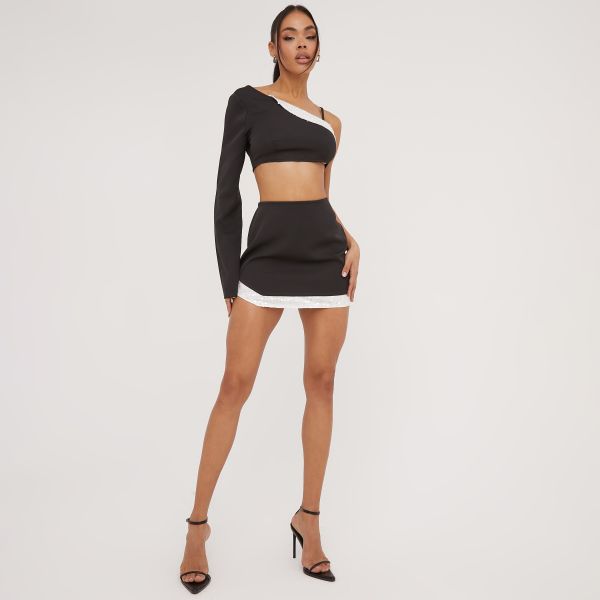 High Waist Sequin Hem Detail Mini Skirt In Black Woven, Women’s Size UK 6