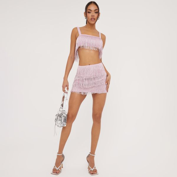 High Waist Glitter Tassel Detail Mini Skirt In Pink, Women’s Size UK 6