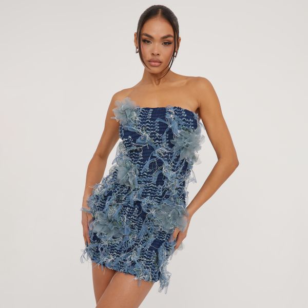 Bandeau Texture Detail Mini Dress In Blue, Women’s Size UK 6