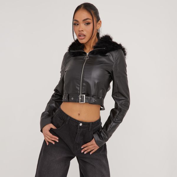 Faux Fur Hood Cropped Biker Jacket In Black Faux Leather, Women’s Size UK 8