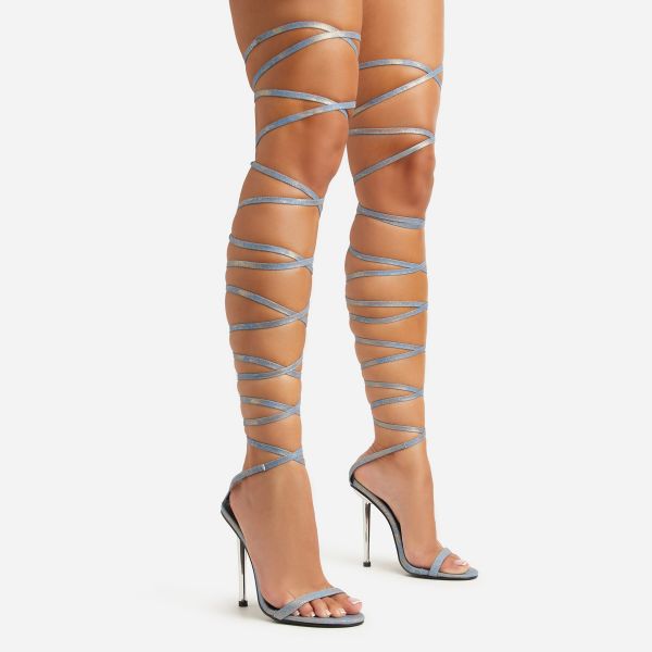 Twin-Dragons Extreme Lace Up Gold Printed Detail Metallic Stiletto Heel In Blue Denim, Women’s Size UK 4