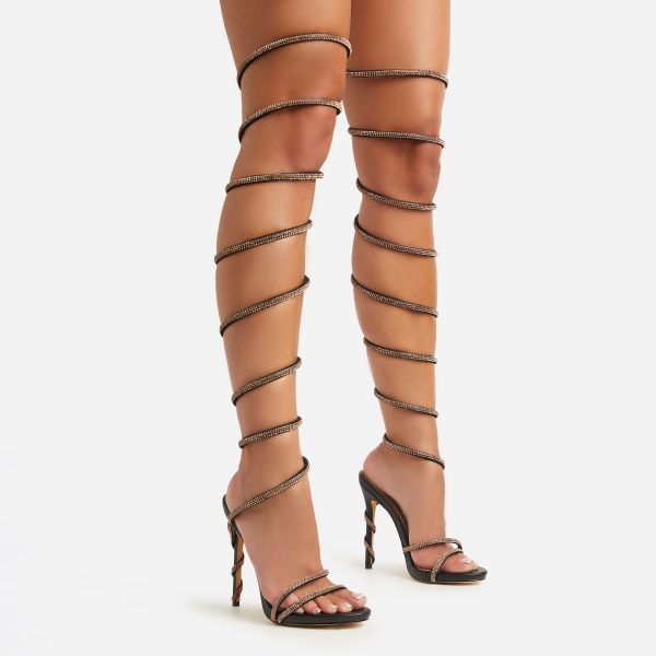 Magdalena Gold Diamante Detail Wrap Around Thigh High Strap Platform Stiletto Heel In Black Faux Leather, Women’s Size UK 5