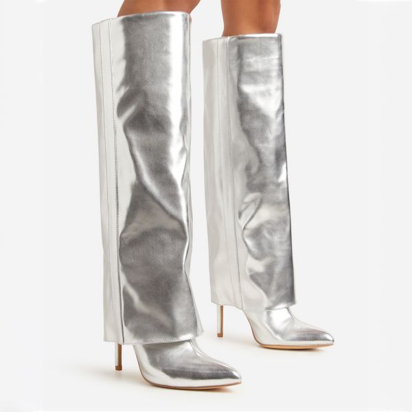 Melki Pointed Toe Stiletto Heel Knee High Long Boot In Silver Metallic Faux Leather, Women’s Size UK 5