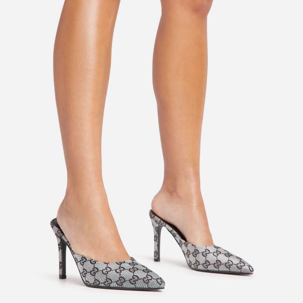 Pilar Printed Detail Pointed Toe Heel Mule In Black Fabric, Women’s Size UK 5
