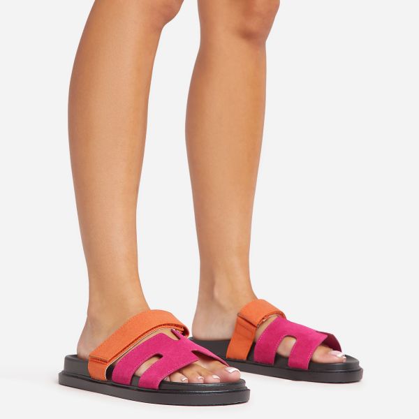 Valerie Gladiator Velcro Strap Flat Slider Sandal In Orange And Pink Faux Suede, Women’s Size UK 5