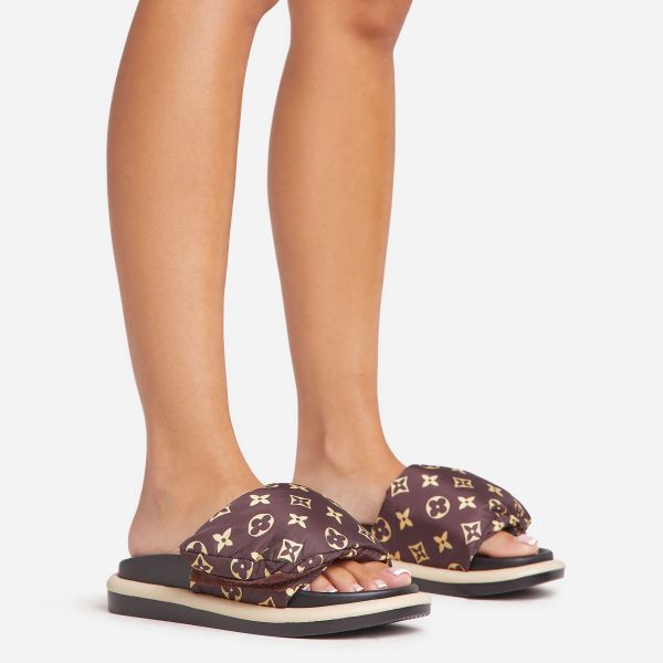 Pillow Velcro Strap Flatform Slider Sandal In Brown Print Nylon, Women’s Size UK 9
