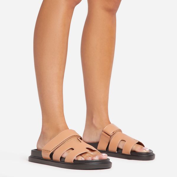Valerie Gladiator Velcro Strap Flat Slider Sandal In Tan Brown Faux Leather, Women’s Size UK 5