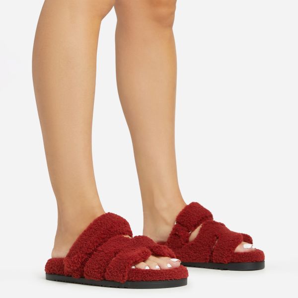 Bratitude Gladiator Velcro Strap Flat Slider Sandal In Red Faux Shearling, Women’s Size UK 7