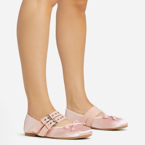 Bambi Bow Detail Double Buckle Strap Flat Ballet Pump In Pink Satin, Women’s Size UK 6