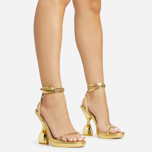 Vida-Loca Open Toe Platform Twisted Statement Heel In Gold Metallic Faux Leather, Women’s Size UK 5