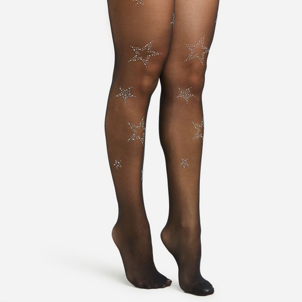 Diamante Star Detail Tights In Black, Women’s Size UK One Size