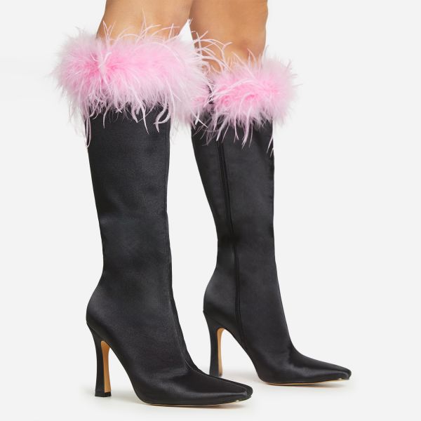 Sugared-Rim Pink Faux Feather Detail Pointed Toe Flared Block Heel Knee High Long Boot In Black Satin, Women’s Size UK 4