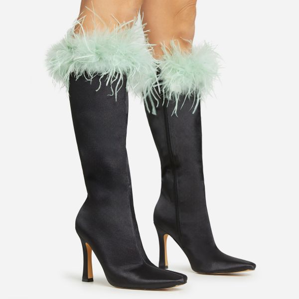 Sugared-Rim Green Faux Feather Detail Pointed Toe Flared Block Heel Knee High Long Boot In Black Satin, Women’s Size UK 3