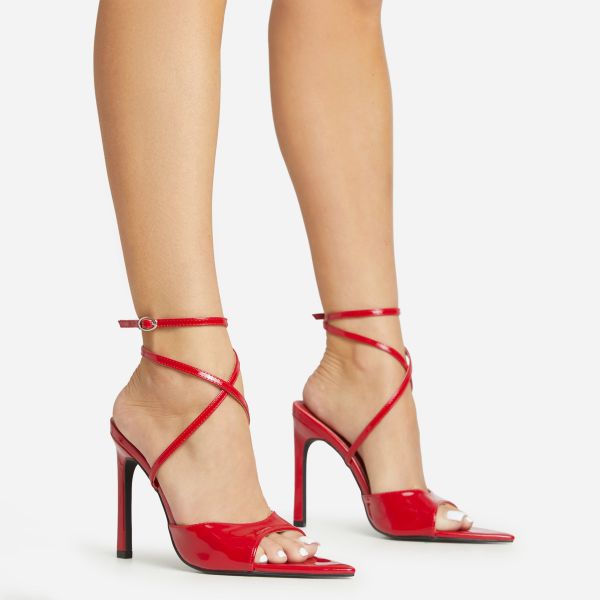 Hot-Stuff Cross Strap Pointed Peep Toe Stiletto Heel In Red Patent, Women’s Size UK 5