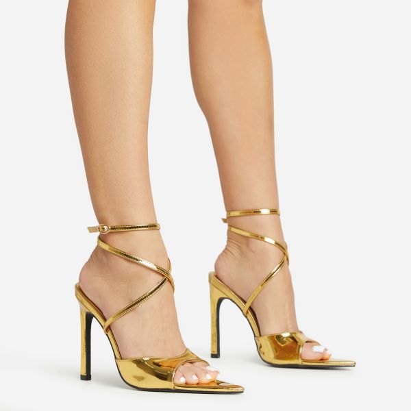 Hot-Stuff Cross Strap Pointed Peep Toe Stiletto Heel In Gold Patent, Women’s Size UK 6
