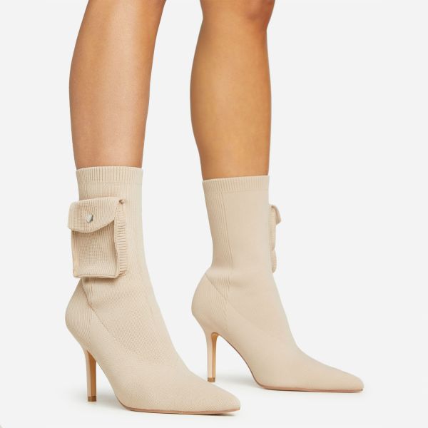 Talia Pocket Detail Pointed Toe Stiletto Heel Ankle Sock Boot In Beige Knit, Women’s Size UK 5