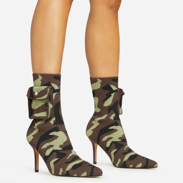 Talia Pocket Detail Pointed Toe Stiletto Heel Ankle Sock Boot In Camo Print Knit, Women’s Size UK 9