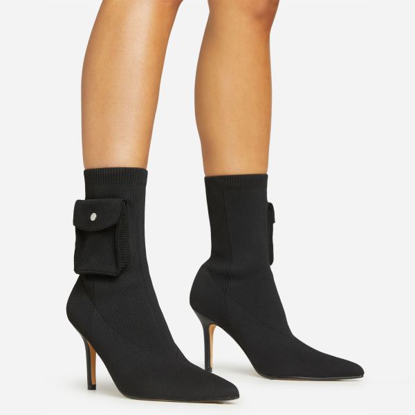 Talia Pocket Detail Pointed Toe Stiletto Heel Ankle Sock Boot In Black Knit, Women’s Size UK 6