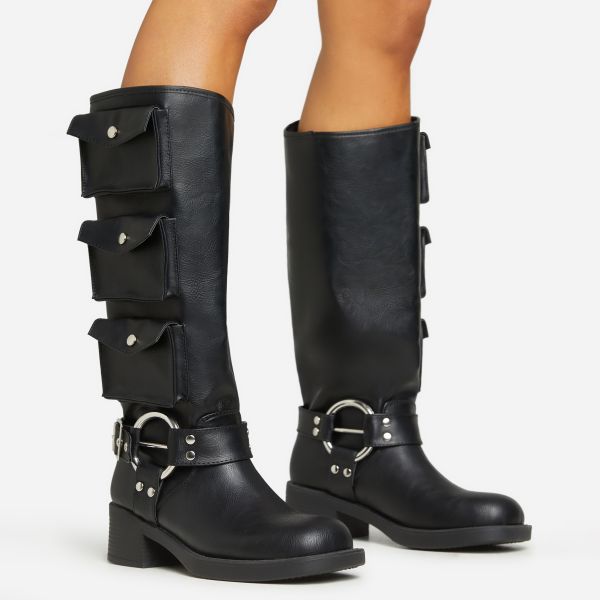 Barry Multi Pocket Buckle Detail Mid Calf Biker Boot In Black Faux Leather, Women’s Size UK 3