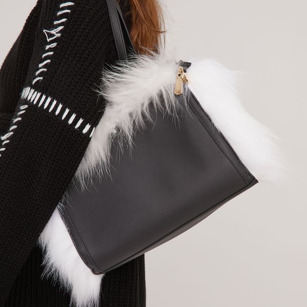 Paradise Faux Fur Trim Detail Shopper Shoulder Bag In Black Faux Leather, Women’s Size UK One Size