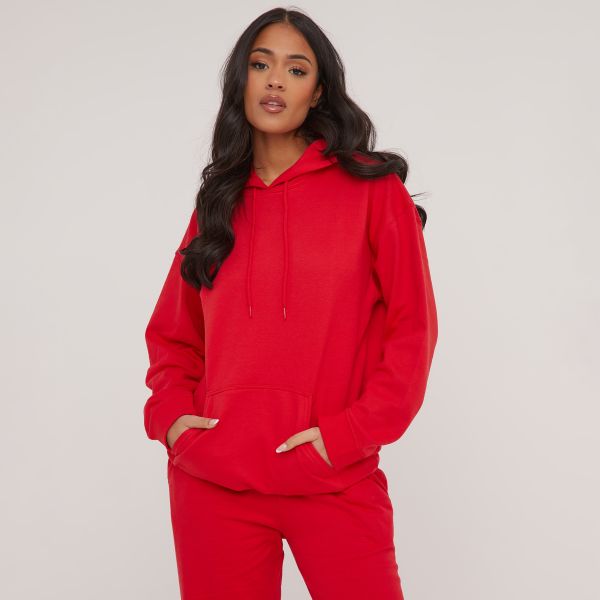 Oversized Basic Hoodie In Red, Women’s Size UK Medium M