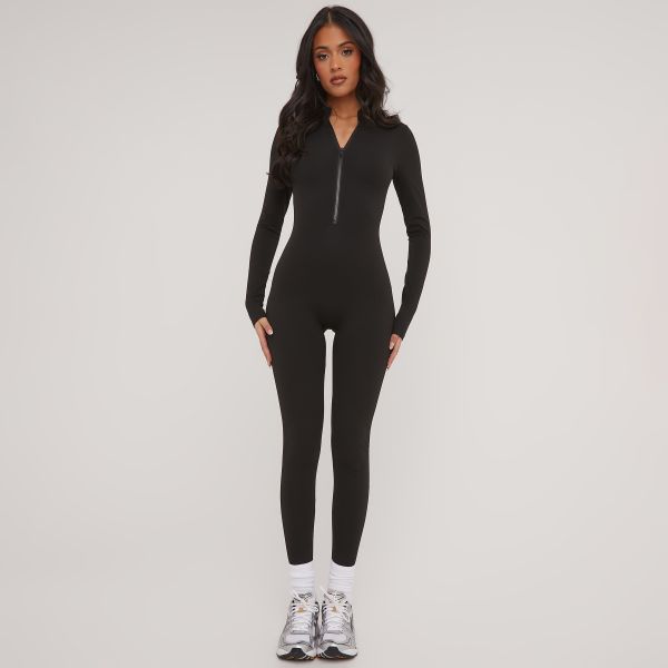 Long Sleeve High Neck Zip Front Detail Super Stretch Sculpt Jumpsuit In Black, Women’s Size UK 10