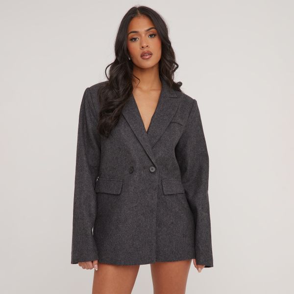 Oversized Wool Look Blazer Dress In Charcoal Grey, Women’s Size UK 6