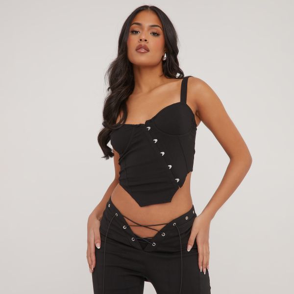 Underwired Asymmetric Hook And Eye Detail Corset Top In Black, Women’s Size UK 6
