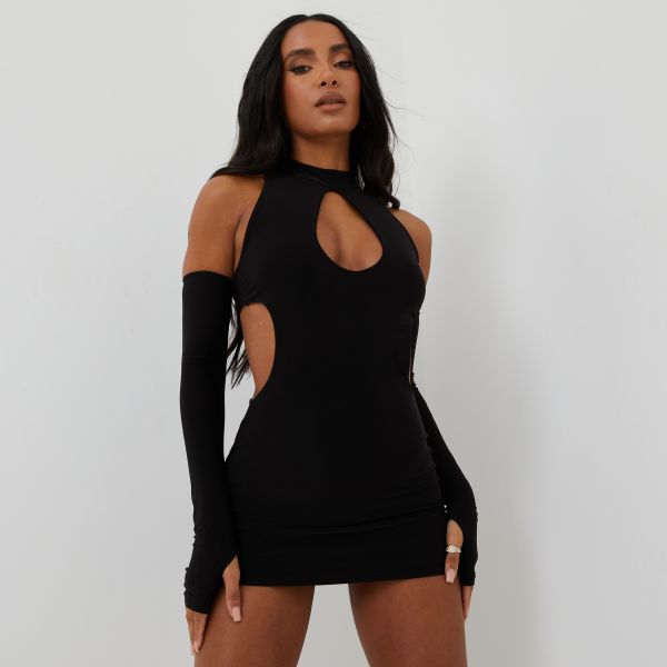 Key Hole Cut Out Mini Bodycon Dress With Sleeves In Black, Women’s Size UK 12