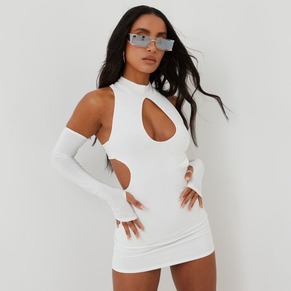 Key Hole Cut Out Mini Bodycon Dress With Sleeves In White, Women’s Size UK 14