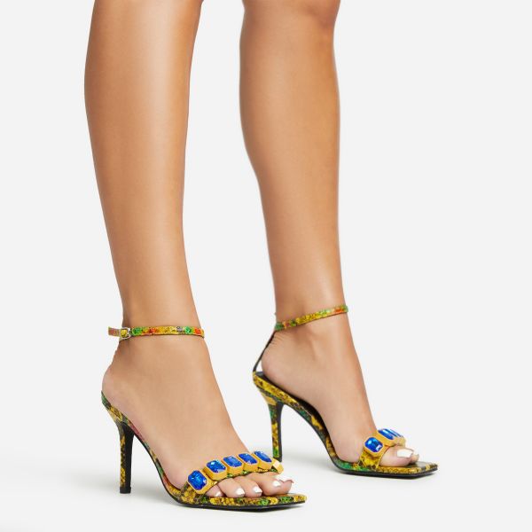 Lock-Out Ankle Strap Gem Detail Square Toe Stiletto Heel In Yellow Snake Print Faux Leather, Women’s Size UK 6