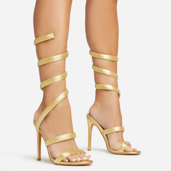 Delaney Diamante Detail Wrap Around Strap Stiletto Heel In Gold Faux Leather, Women’s Size UK 6