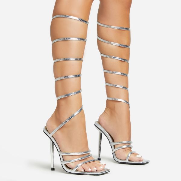 Dragoon Extreme Wrap Around Strap Square Toe Metallic Stiletto Heel In Silver Croc Print Faux Leather, Women’s Size UK 4
