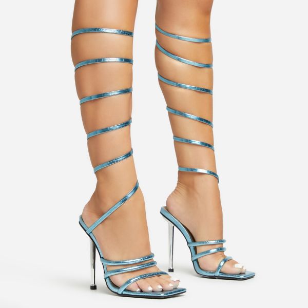 Dragoon Extreme Wrap Around Strap Square Toe Metallic Stiletto Heel In Blue Croc Print Faux Leather, Women’s Size UK 5