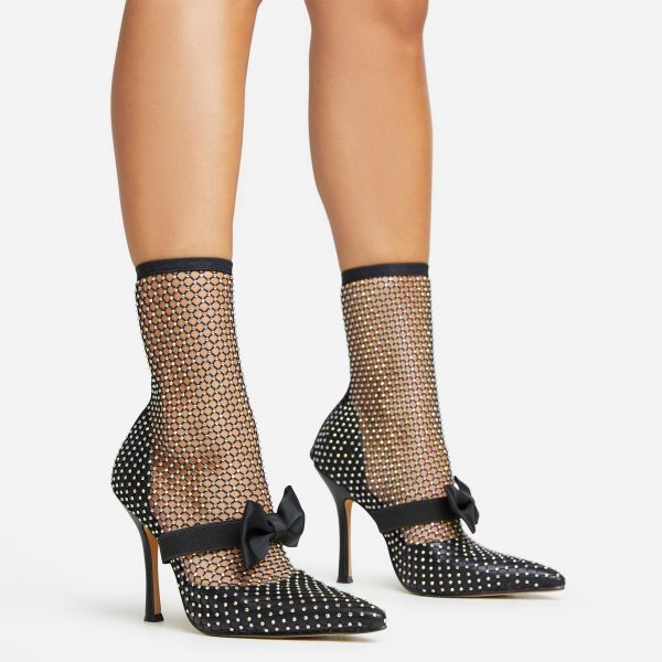 Gazillion Diamante Bow Detail Pointed Toe Stiletto Heel Ankle Boot In Black Fishnet, Women’s Size UK 4