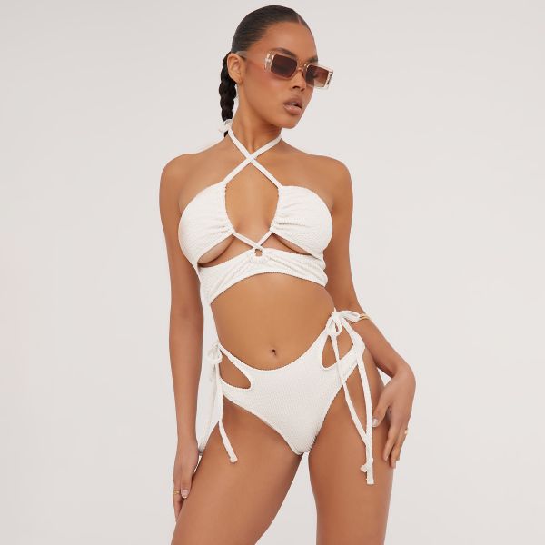 Cross Front Textured Bikini Top And Cut Out Detail Tie Side Bottoms In Cream, Women’s Size UK Small S