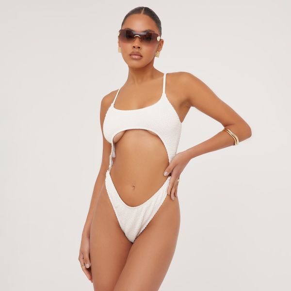 Cut Out Ring Detail Textured Swimsuit In Cream, Women’s Size UK Large L