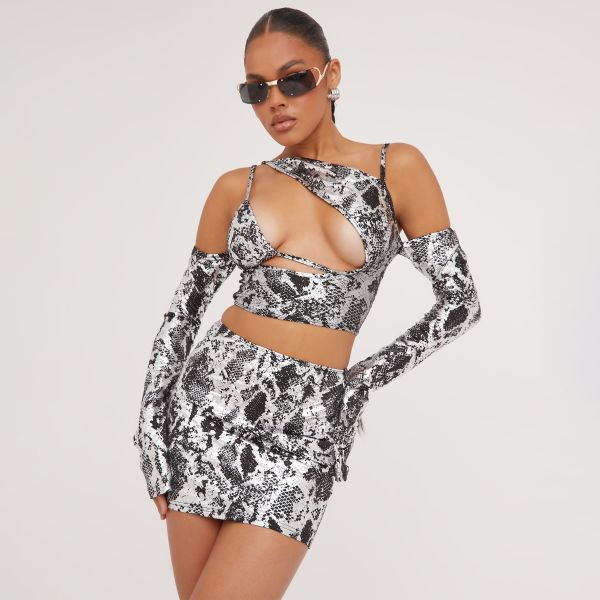 long sleeve cut out strappy detail crop top in silver metallic croc print, women's size uk 14