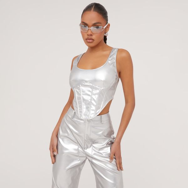 Square Neck Structured Detail Curved Hem Corset Top In Silver Metallic Faux Leather, Women’s Size UK 6