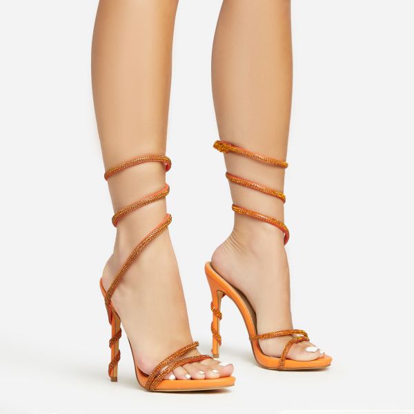 Magda Diamante Detail Wrap Around Strap Platform Stiletto Heel In Orange Faux Leather, Women’s Size UK 3