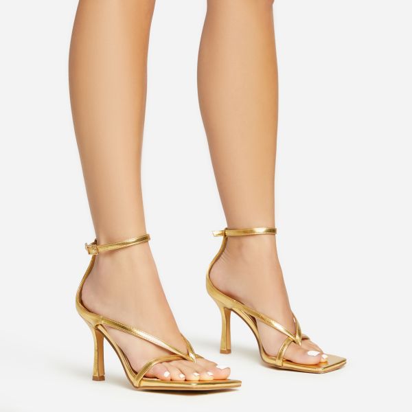 Eve Square Toe Strappy Heel In Gold Faux Leather, Women's Size UK 7