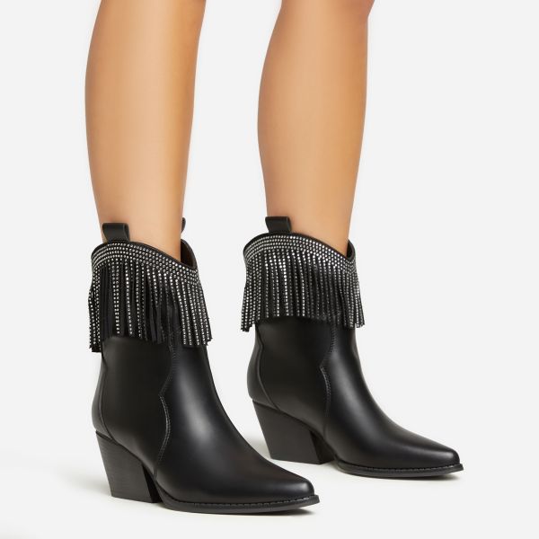 Houston Diamante Tassel Detail Pointed Toe Block Heel Western Ankle Boot In Black Faux Leather, Women’s Size UK 3