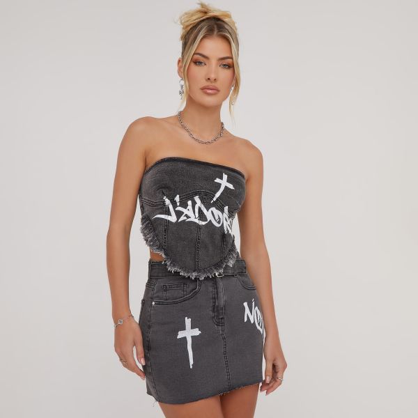Bandeau Frayed Detail ’J’Adore’ Slogan Crucifix Print Corset Top In Washed Black Denim, Women’s Size UK 12