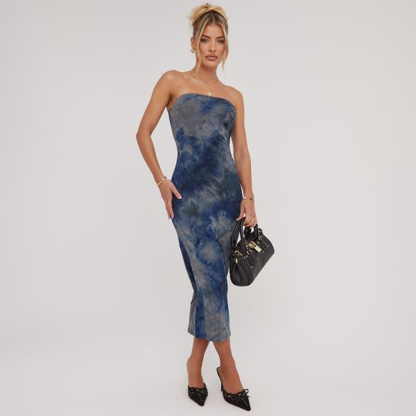 Bandeau Maxi Dress In Washed Printed Blue, Women’s Size UK Medium M