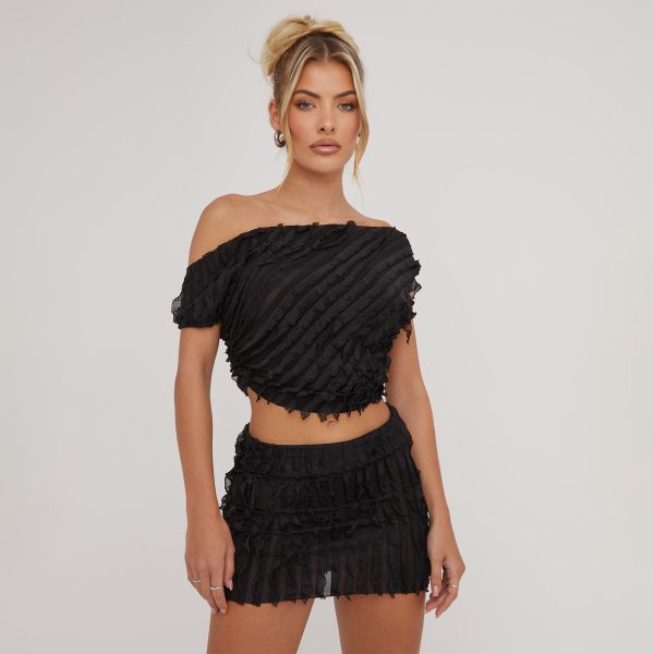 Bardot Crop Top And Mini Skirt Co-Ord Set In Black Shirred, Women’s Size UK Medium M